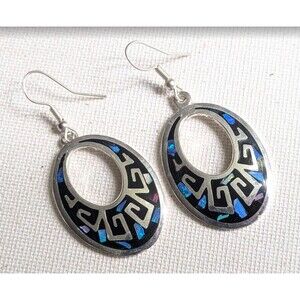 Dangle Earrings 950 Fine Silver Black Iridescent Inlay Greek Key Oval Fishhook